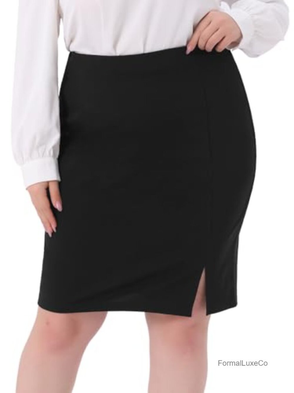 Plus Size High Waisted Pencil Skirt with Slit Stretchy Knee Length Business